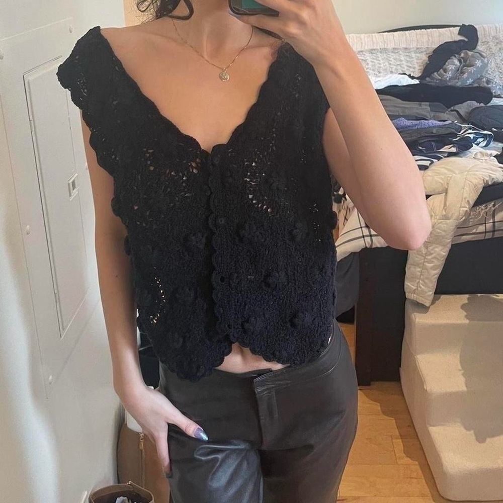 1 of 1 Custom Handmade Crochet vest with flowers in Black.